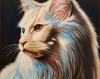 Beau portrait de chat / peinture animaliere féline, murale 40x50 cm décoration  maison, chambre bureau salon pièce originale et unique