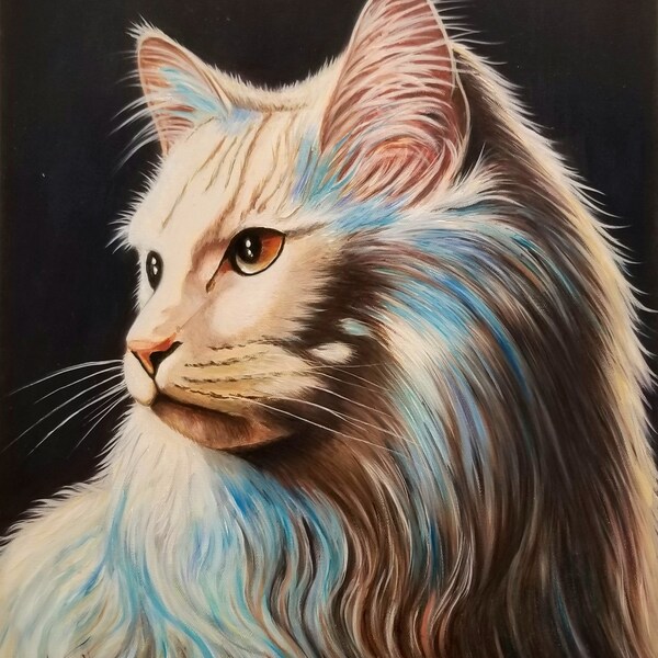 Beau portrait de chat / peinture animaliere féline, murale 40x50 cm décoration  maison, chambre bureau salon pièce originale et unique