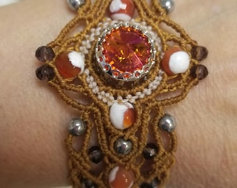 K9 crystal macrame bracelet mirror - rivoli and orange agate stone, boho hippie jewelry for her, women&#39;s gift, gift for her
