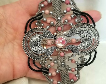 macrame bracelet cuff crystal light and pink rhodochrosite boho hippie fairy chic jewelry for her, gift for women, gift for her
