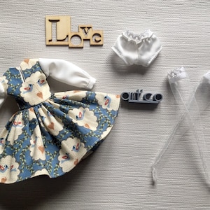 May include: A blue and white dress with a bird and heart pattern, a white blouse with long sleeves, white shorts with lace trim, and white stockings with lace trim.