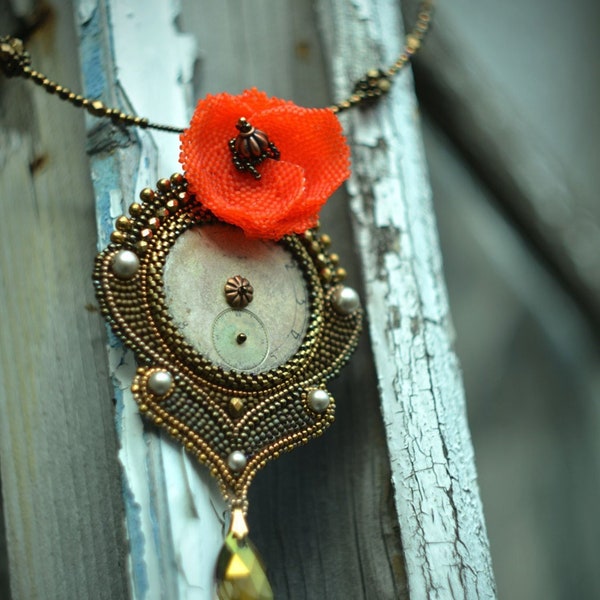 Poppy Flower Steampunk Necklace Clock face Jewelry  Woman Birhday Gift for Wife Victorian jewelry Poppy necklace Gift