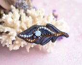 Blue and gold feather pin hat brooch bead embroidery jewelry blue feather brooch Anniversary gift fir wife OOAK jewelry hat pin