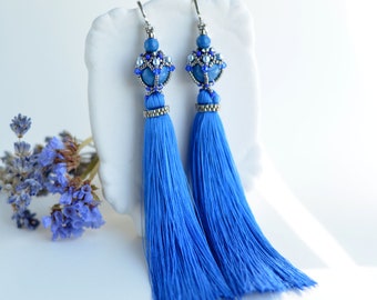Extra long tassel earrings Cobalt blue  earrings Fringe earrings Statement earrings Gift for woman Boho dangle earrings Bohemian jewelry