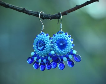 Blue rivoli earrings - beaded jewelry - beadwork earrings - handmade beaded jewelry - bead embroidery jewelry - braided blue earrings