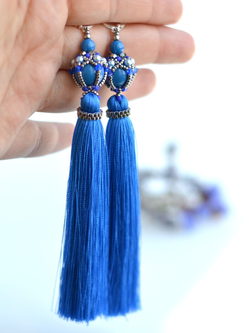 Extra Long Tassel Earrings Cobalt Blue Earrings Fringe Etsy