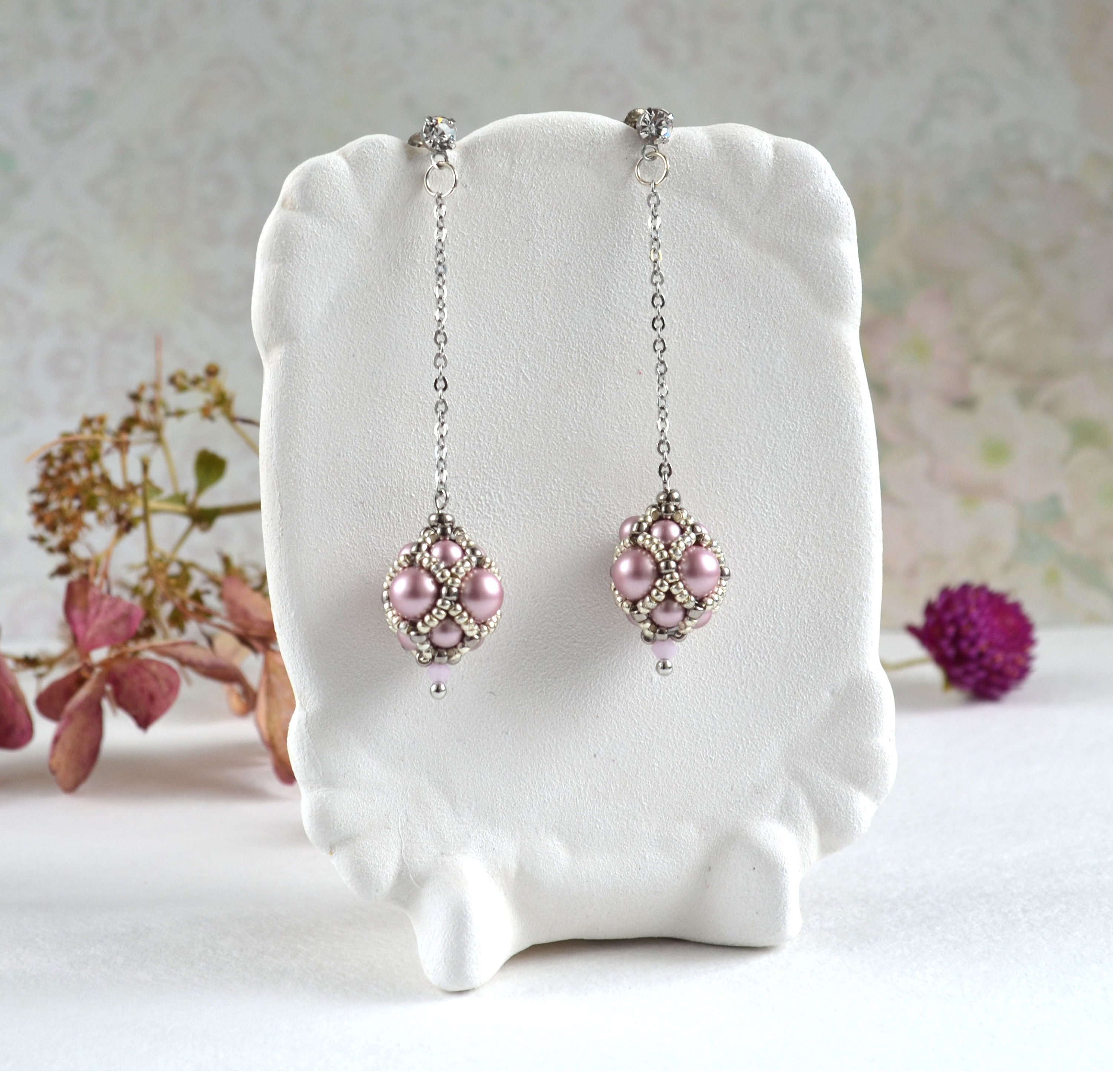 Powder Rose Beaded Earrings Long Dangle Earrings Jewelry Etsy
