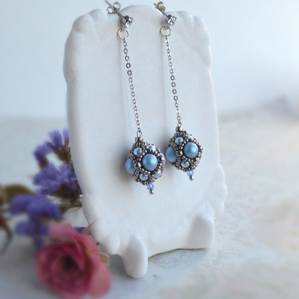 light blue  Beaded earrings Long Dangle Earrings  Jewelry Womans Gift Silver Bridal Jewelry Wedding earrings wedding jewelry for bridesmaids