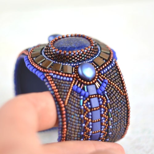 Gemstone cuff bracelet shops Lapis lazuli bangle bead embroidered statement bracelet Anniversary womans gift