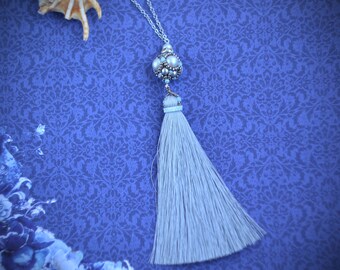 Silver tassel necklace Grey tassel pendant Long tassel necklace  Girlfriend gift crystal pearls Womans gift Gray long pendant