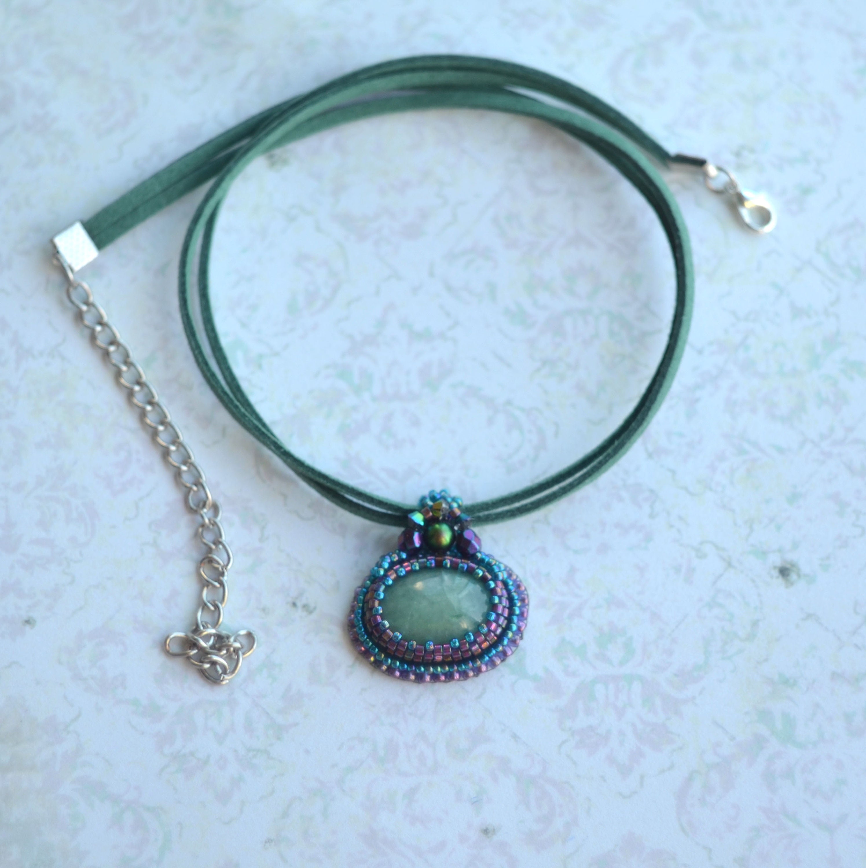 Beaded Necklace Green Choker Gemstone Pendant Blue Choker - Etsy