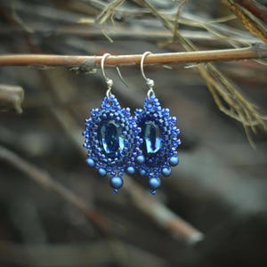 Royal Blue Crystal Earrings: Beaded Embroidery Statement Jewelry