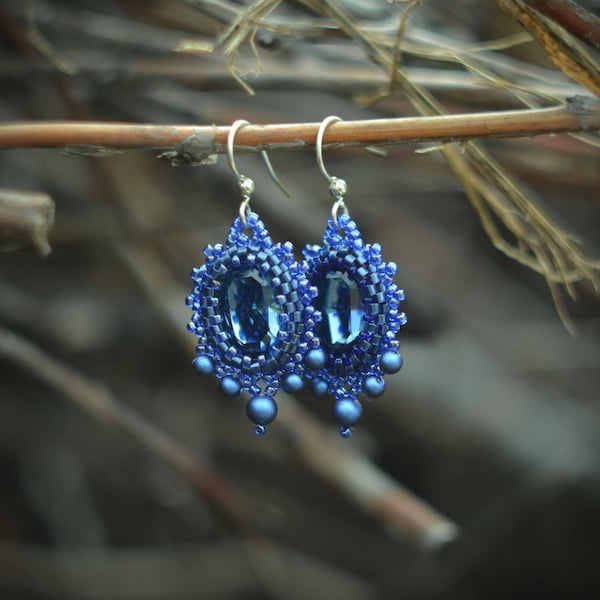 Crystal Beaded Earrings Birthday Womans Gift Royal Blue  Earrings Wife Statement gift Beadwork earrings Hand embroidery Jewelry