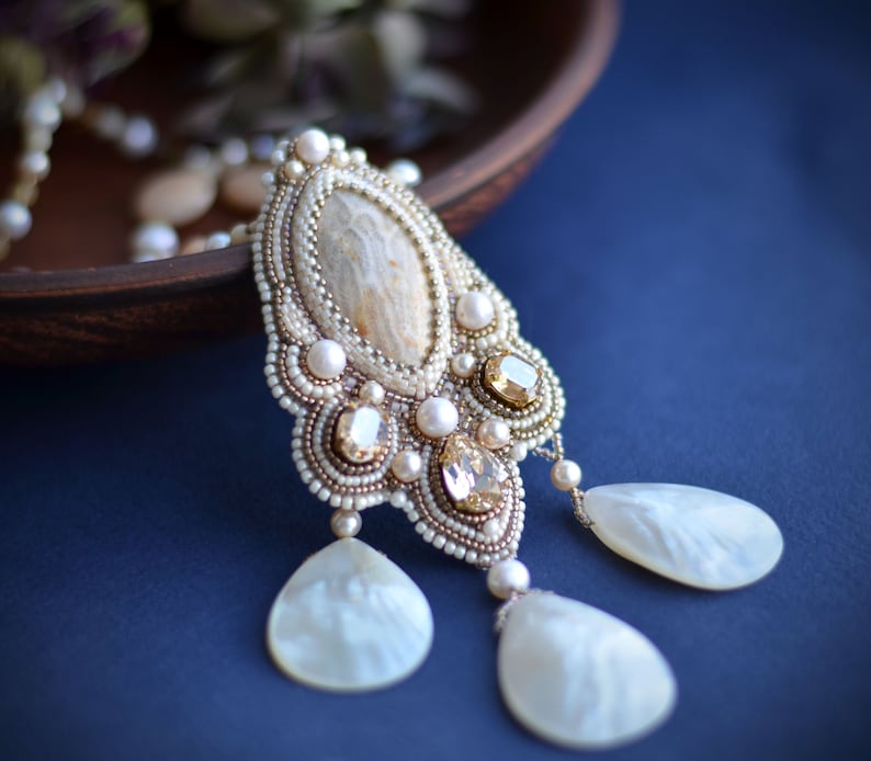 Coral fossil embroidery Necklace Statement beaded Jewelry beige pendant Anniversary Gift for mom Pearls Fringe Necklace Gemstone jewelry