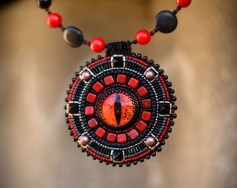 Dragon eye necklace Red fire dragon pendant beaded embroidery black red necklace