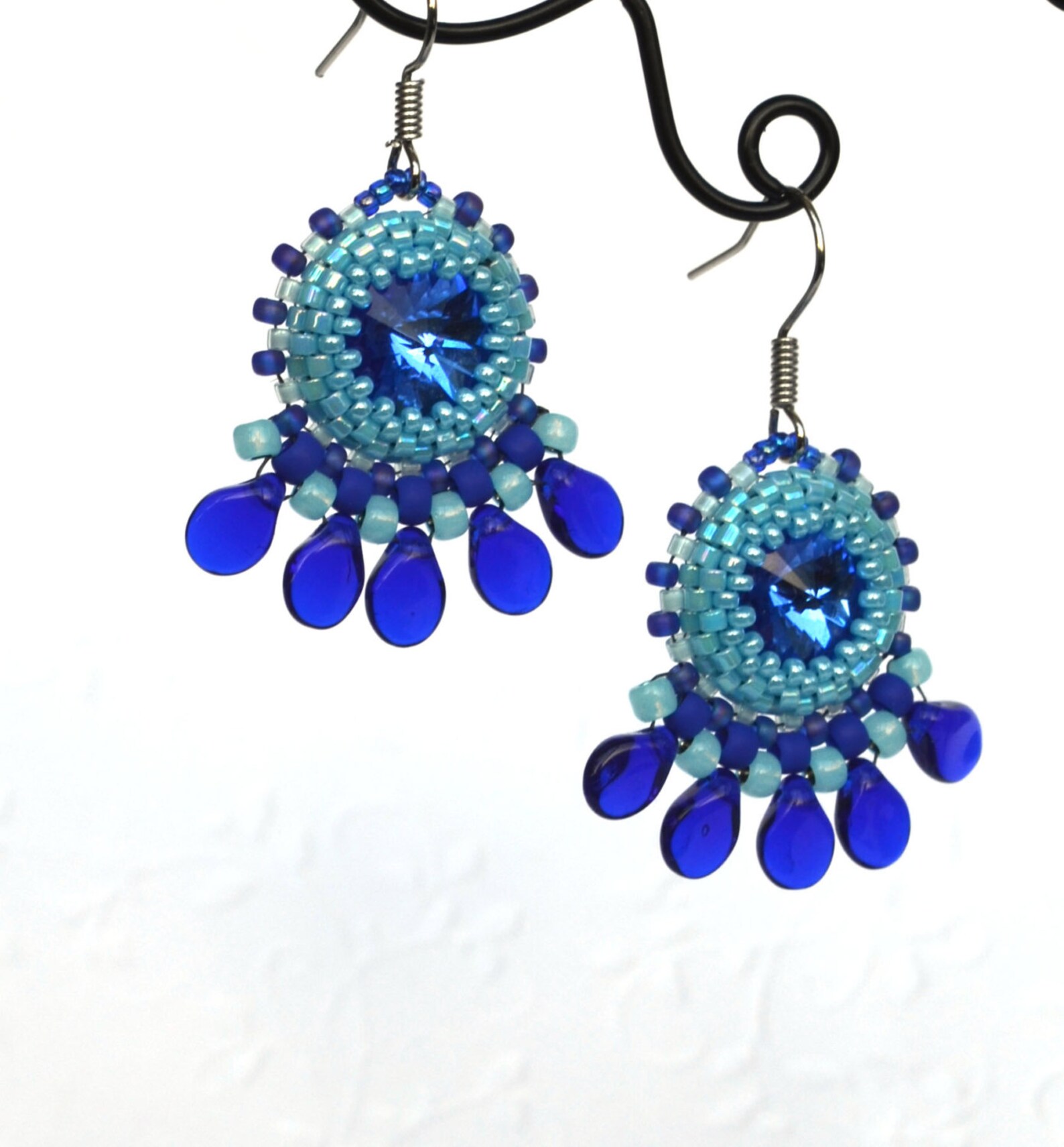 Blue Rivoli Earrings Beaded Jewelry Beadwork Earrings Handmade Beaded