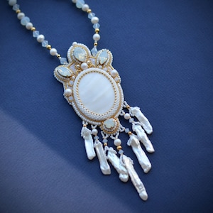 Luxury  white and gold  beaded Jewelry White mother of pearl pendant Mother day  Gift for mom Pearls Fringe Necklace OOAK necklace