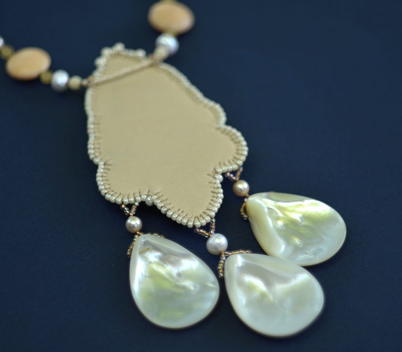 Coral fossil embroidery Necklace Statement beaded Jewelry beige pendant Anniversary Gift for mom Pearls Fringe Necklace Gemstone jewelry
