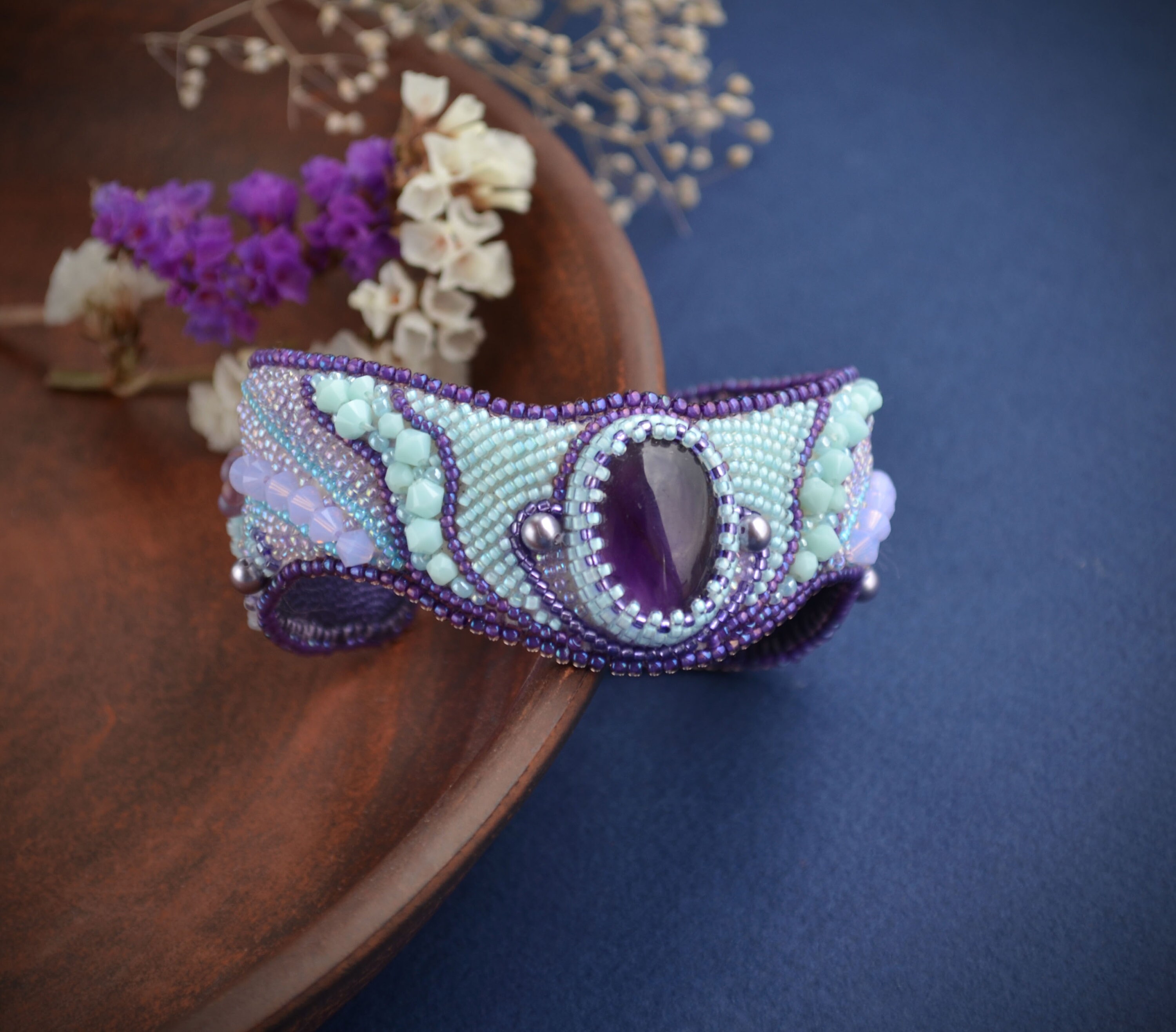 Bead embroidery bracelet bedwork jewelry amethyst bracelet Etsy