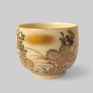 Japanese SATSUMA tea cup, Yunomi Japanese Pottery cup, oriental, sencha, gyokuro green tea cup, collectible drink cup, Gold flowers, vintage