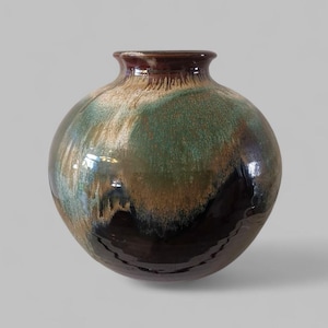 Drip Glaze Green/Blue/Brown Vintage collectible vase hand made Japanese, ball vase, home decor 10 inch