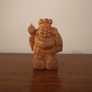 Talla de madera japonesa, talla de madera vintage, arte de madera oriental, arte de madera japonés, artesanía de madera antigua coleccionable, muñeca de madera japonesa Daikoku