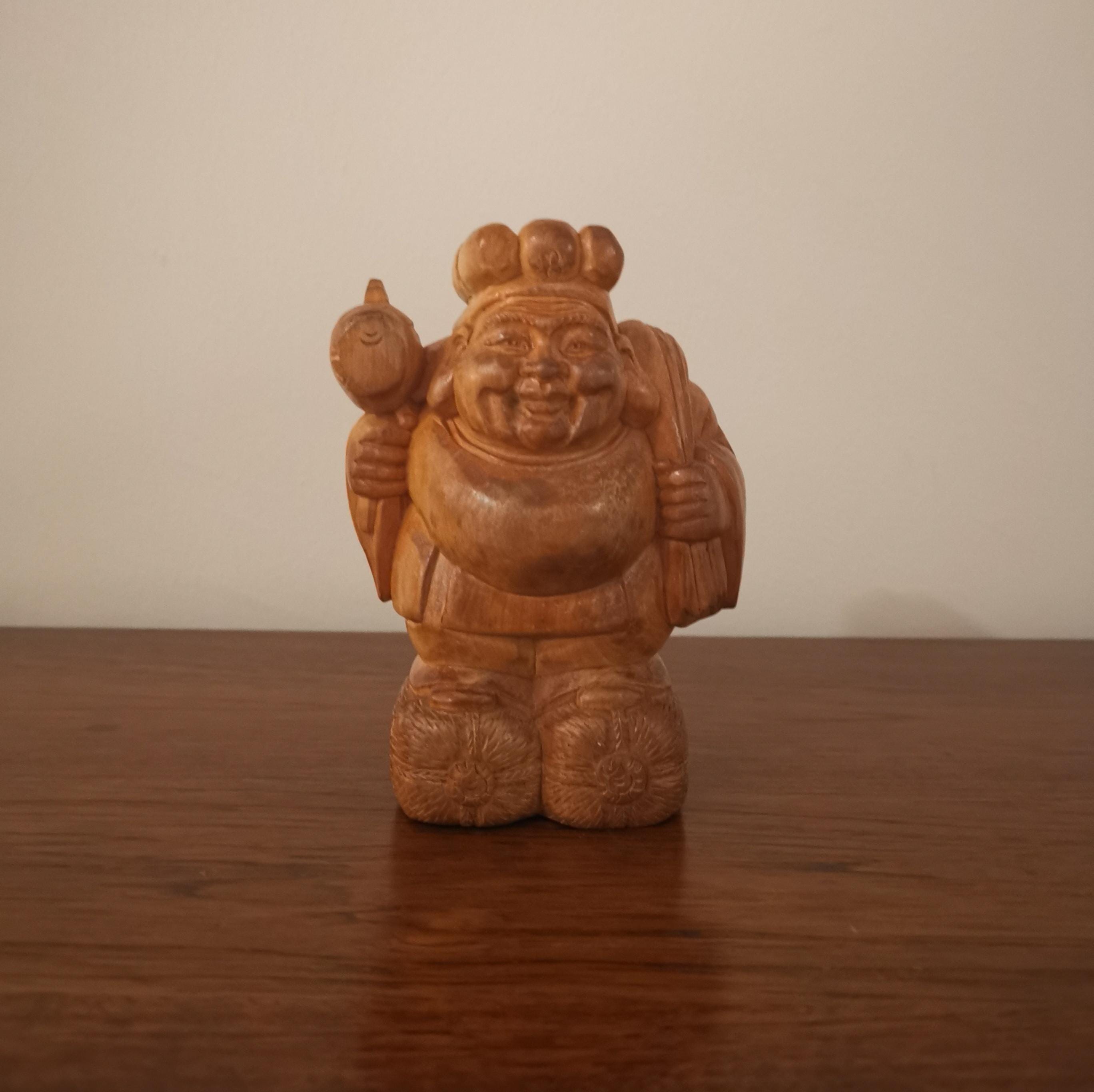Vintage Japanese Wood Carving: Daikoku, God of Fortune, Figurines