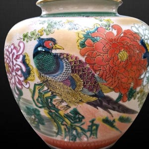 Vintage Kutani Ware Vase, Peacock Plum Blossom Design, Hand-Painted Ceramic