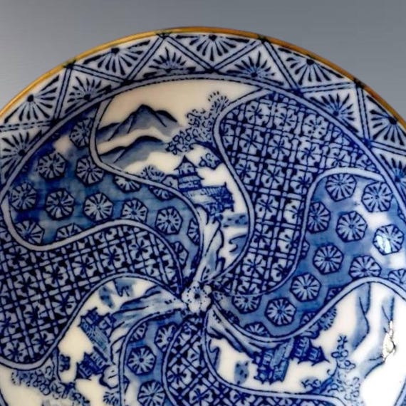 Set of 7 Japanese Arita Ware Blue White Plates, Nabeshima Style