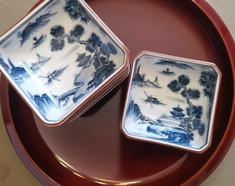 Vintage blue and white bowl,  Japanese pottery cup, retro japanese tableware, square bowl, Pickles bowl