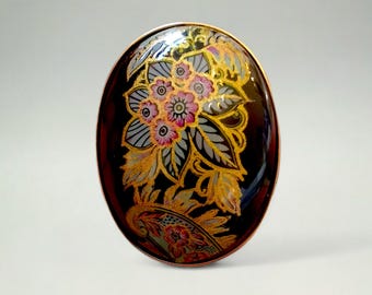 Vintage Japanese Flowers Scarf clip and pendent, black and gold oval shape