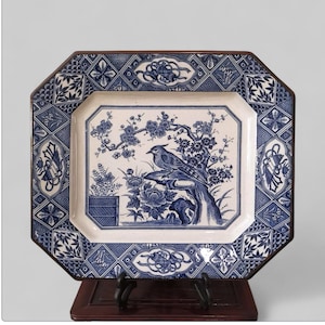 Blue and white inban ware plate, Vintage Japanese collectible tableware. Blue and white Long square plate, flowers and bird design
