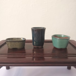 May include: Three small ceramic bonsai pots on a wooden table. The pots are in different shapes and colors: one is green, one is dark blue, and one is brown.