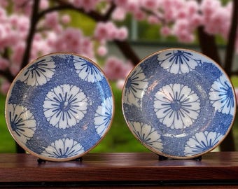 Antique Japanese Blue & White Floral Plates, Seto Imban Kiln Art