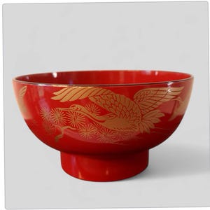 Red rice bowl, Old Japanese lacquered bowls, Traditional Craft in crane flowers Lacquerware, soup bowl, Japanese tableware, oriental