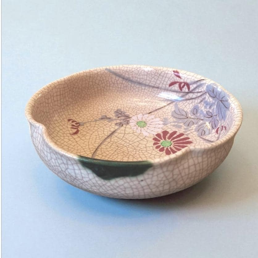 Vintage Japanese Ceramic Bowl, Crackle Glaze, Hand-painted Flowers