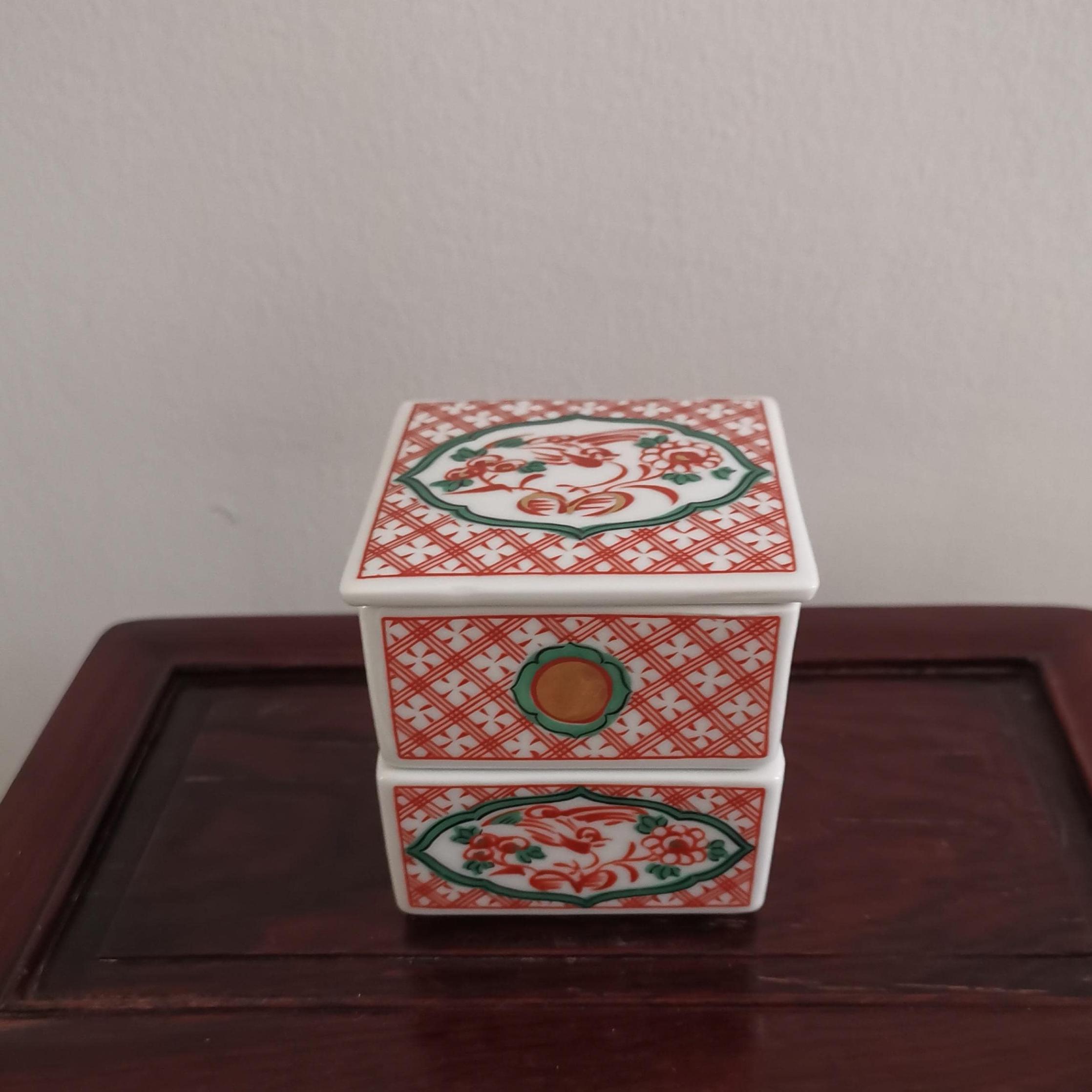Vintage Japanese Ceramic Oju Box, Hand Painted Floral Stacking