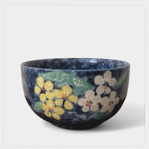 Japanese retro stoneware bowl, flowers blue yellow white , Japanese Porcelain, japanese tableware, japanese bowl,ceramic pottery,collectible