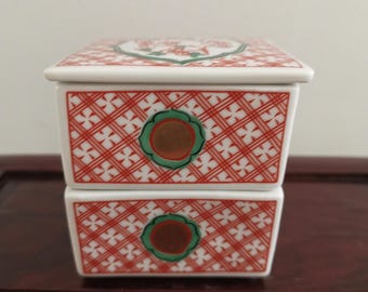 Vintage Japanese Ceramic Oju Box, Hand Painted Floral Stacking