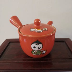 Teiera in ceramica giapponese, teiera Koimaro Kyusu con motivo a gatti, teiera arancione giapponese Yokode no Kyusu, teiera