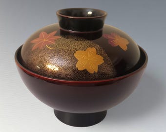 Japanese Lacquerware Bowl: black & Gold Hand-Painted plum Tableware