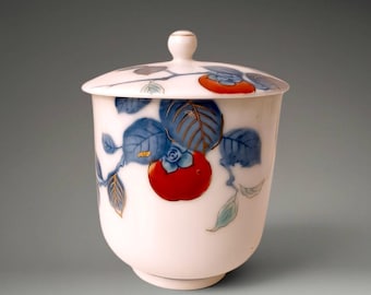 Vintage Japanese Lidded Teacup, Kakiemon Style Persimmon Yunomi, Hand-Painted Kutani Ware Tea Cup