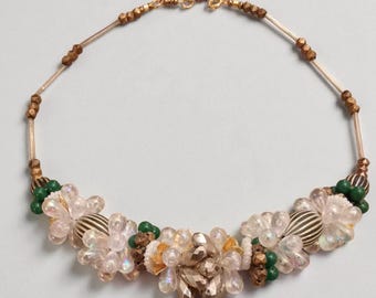 Retro ketting, Vintage Fabrice Paris kralenketting, Zwart Groen Goud Glanzende Choker, Kralen Choker Jaren 60 Kostuumsieraden