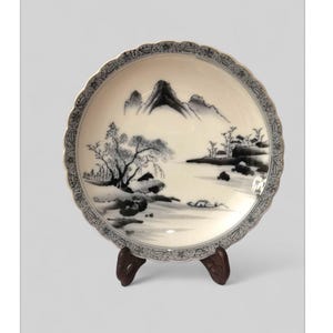 Japanese vintage Imari ware landscape, Japan Showa period, Japanese antique, ceramic, asian, antique, vintage, black and white