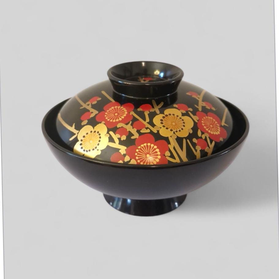 Japanese Lacquered Soup Bowl: Plum Flower Design, Oriental