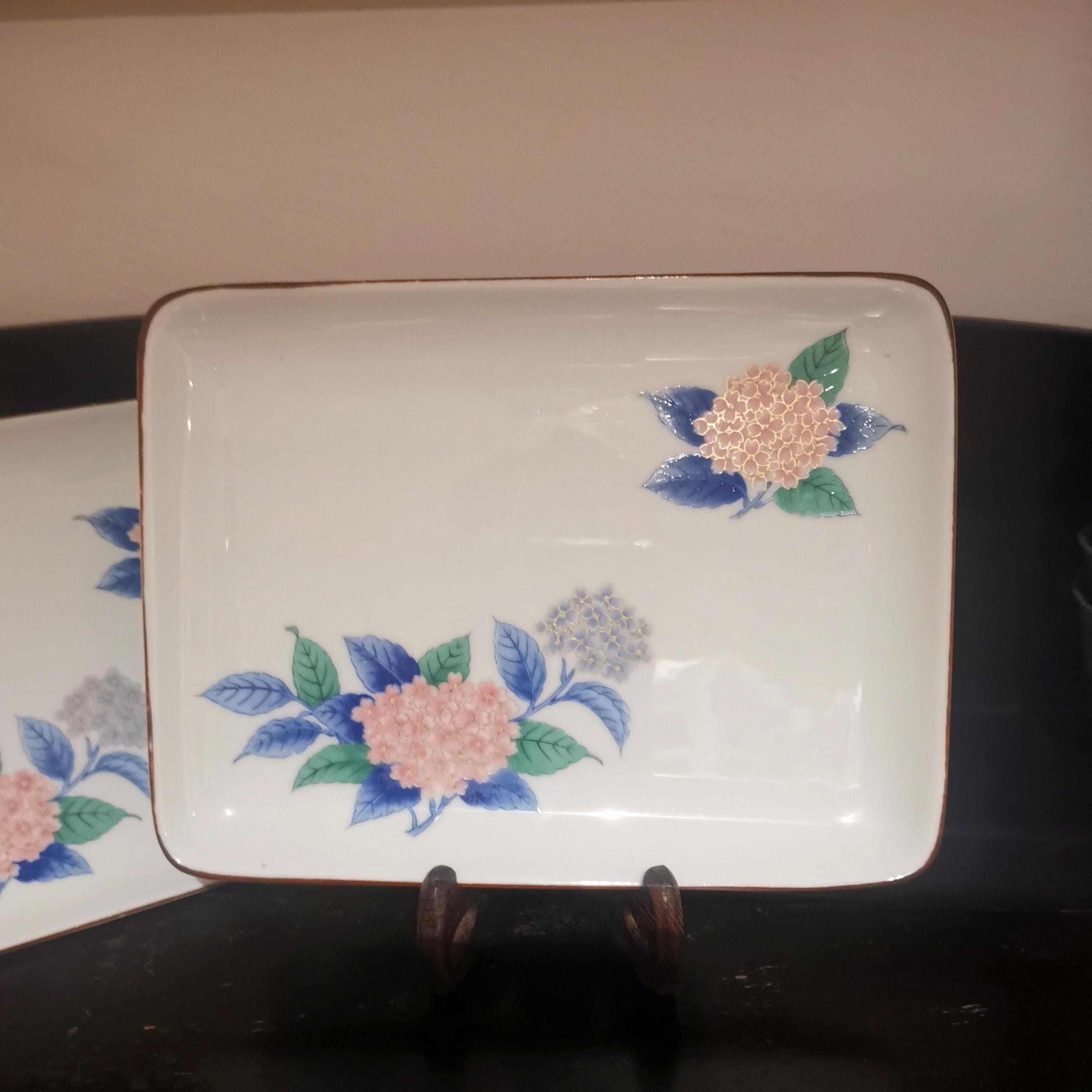 ヴィンテージのアジサイ皿｜ピンクブルーの花柄磁器｜寿司皿｜有田焼