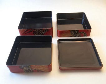 ヴィンテージの赤い漆塗りの重箱、金の松の木、日本の3段重箱 - Etsy 日本
