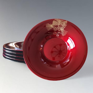 Vintage Japanese urushi Lacquerware small plate Set of 5, deep gloss red  Hand-Painted, wagashi plate