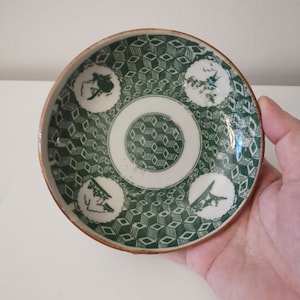 May include: A small, round ceramic plate featuring a green geometric design and four white circles, each with a dark green illustration. The rim has a brown border. The plate is held by a hand.