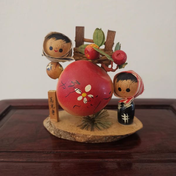 Vintage Japanese Wooden Kokeshi Doll, Apple Folk Art Decoration